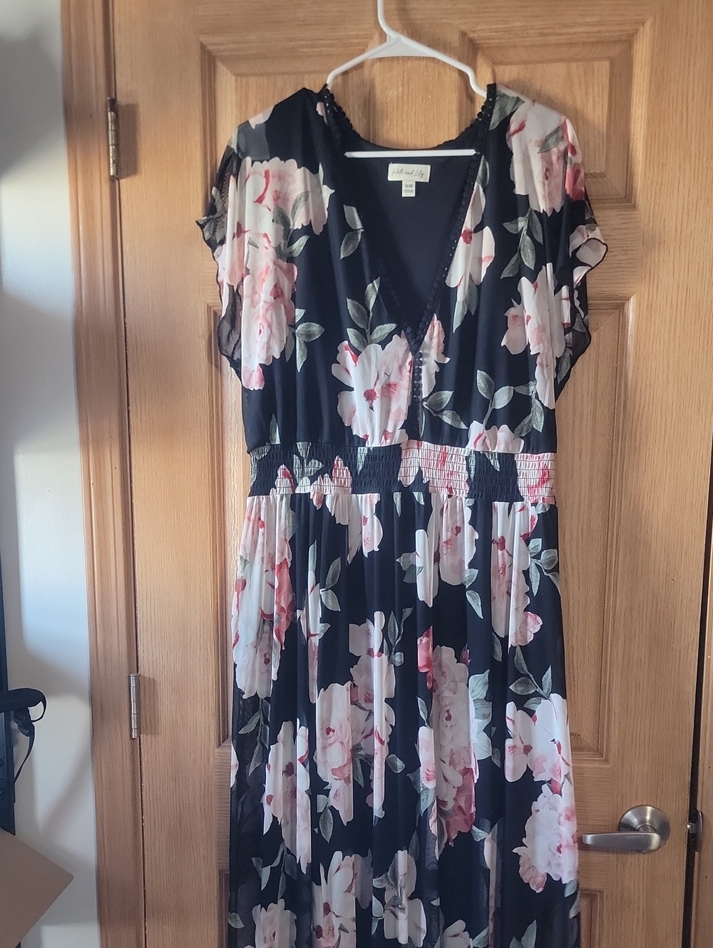 ✨️Closet Clean✨️ Black Floral Maxi Dress with Pink Blossoms V-Neck Smocked Waist